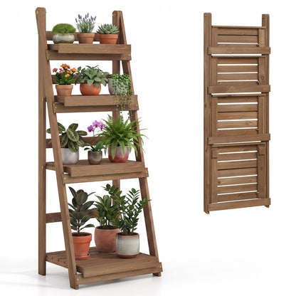 4-Tier Foldable Plant Stand with Slatted Shelves for Garden-Brown