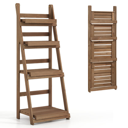 4-Tier Foldable Plant Stand with Slatted Shelves for Garden-Brown