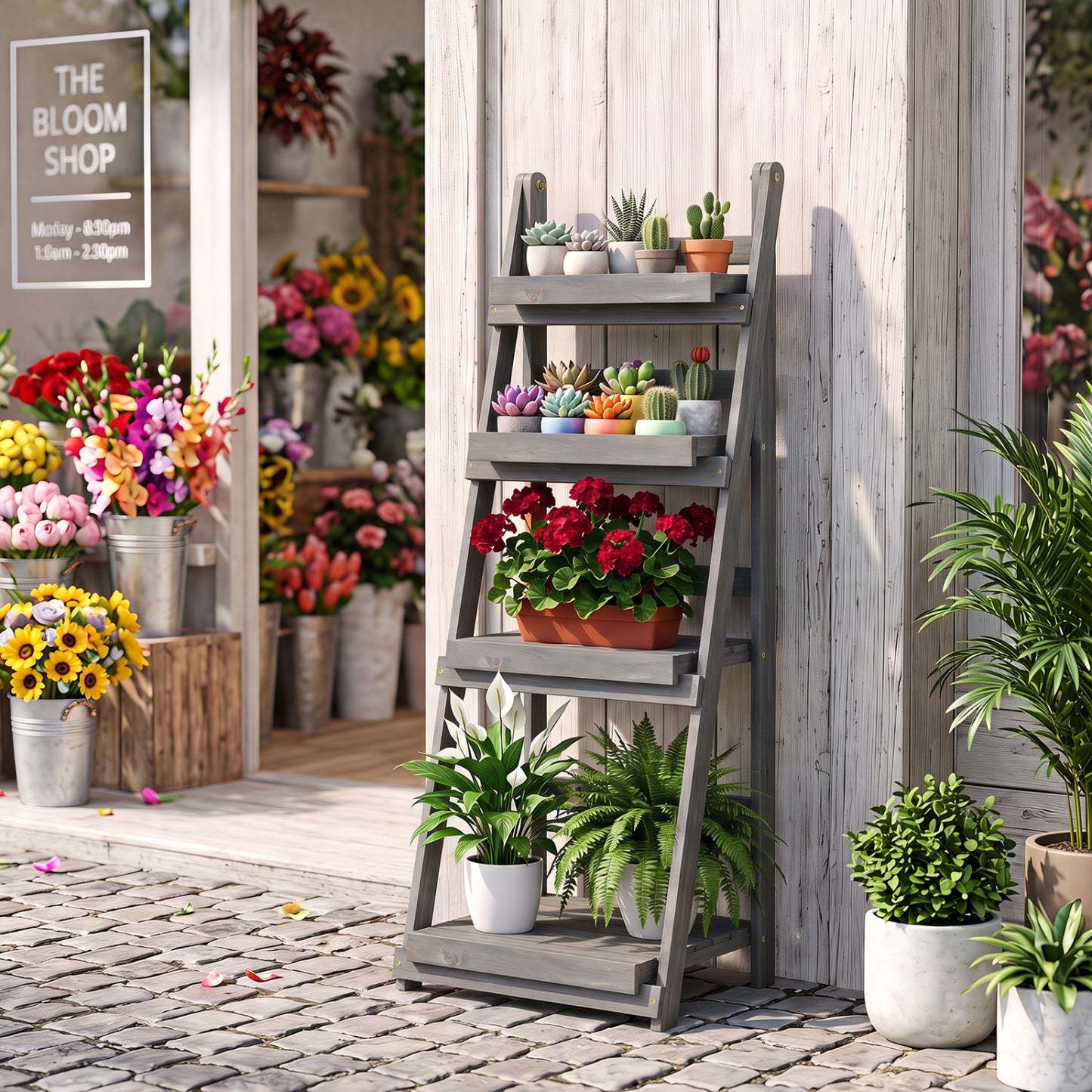 4-Tier Foldable Plant Stand with Slatted Shelves for Garden-Brown