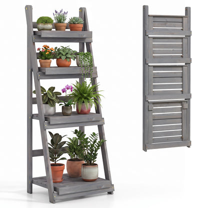 4-Tier Foldable Plant Stand with Slatted Shelves for Garden-Brown