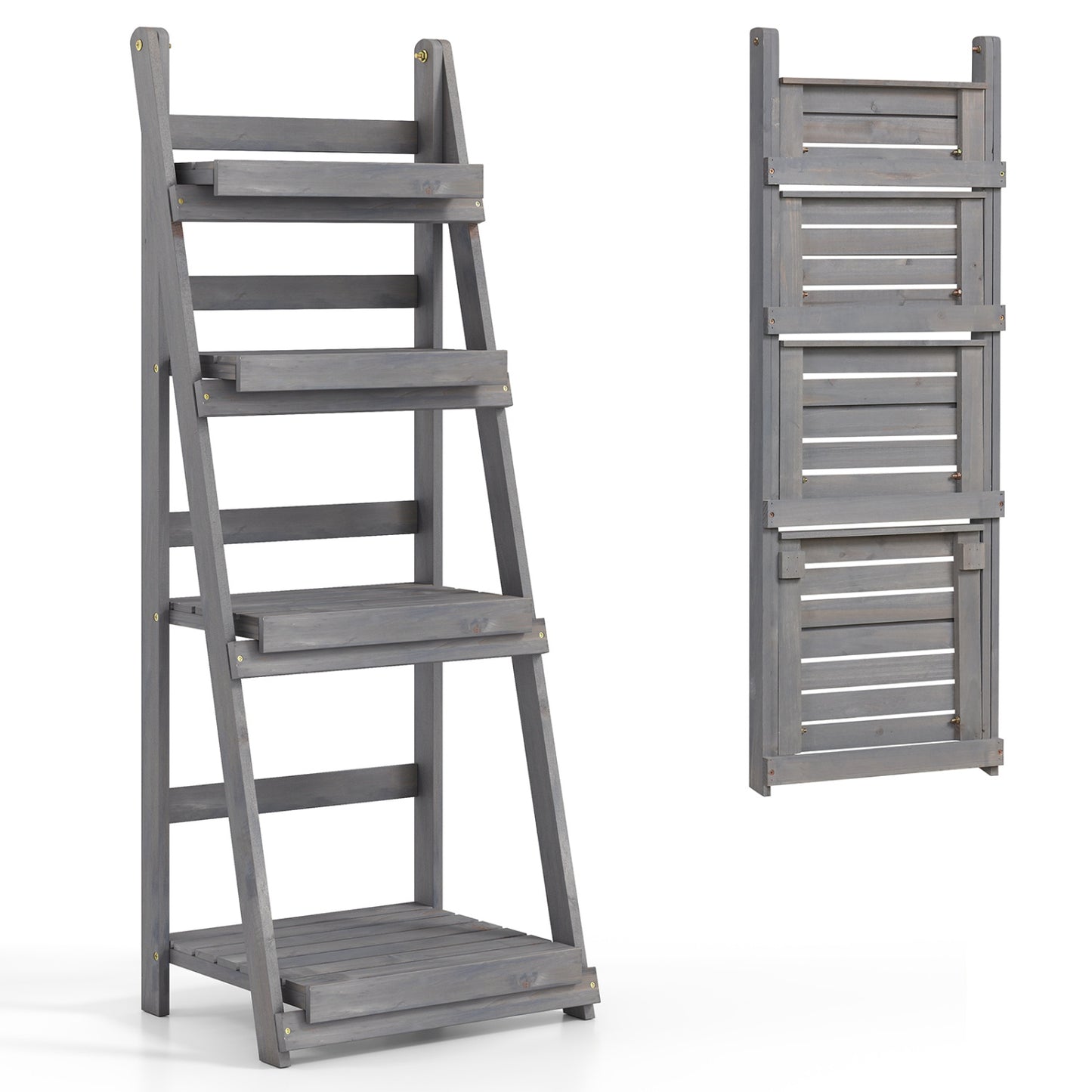 4-Tier Foldable Plant Stand with Slatted Shelves for Garden-Brown