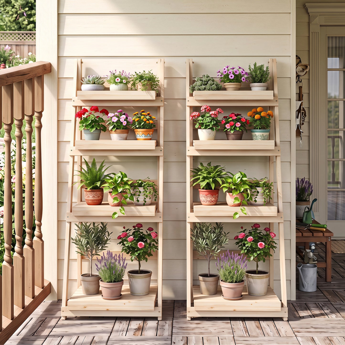 4-Tier Foldable Plant Stand with Slatted Shelves for Garden-Brown