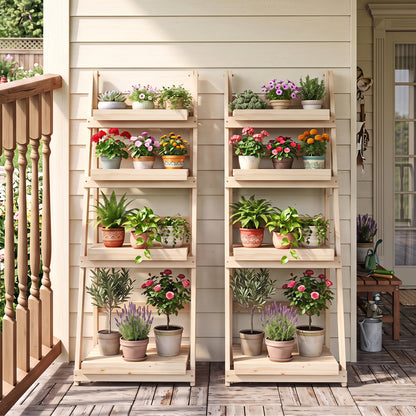 4-Tier Foldable Plant Stand with Slatted Shelves for Garden-Brown