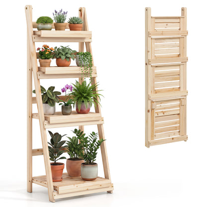 4-Tier Foldable Plant Stand with Slatted Shelves for Garden-Brown