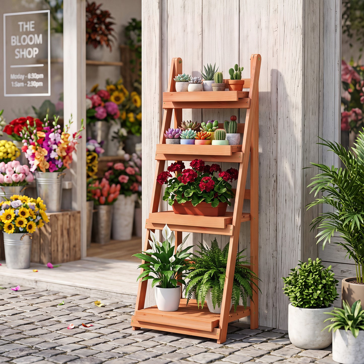 4-Tier Foldable Plant Stand with Slatted Shelves for Garden-Brown