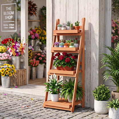 4-Tier Foldable Plant Stand with Slatted Shelves for Garden-Brown
