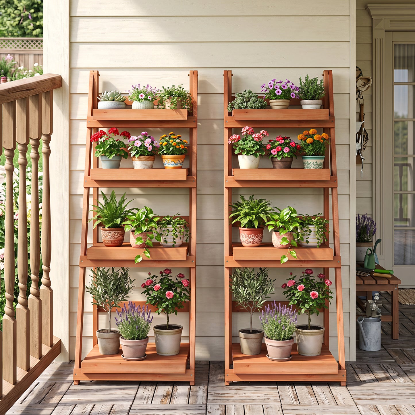 4-Tier Foldable Plant Stand with Slatted Shelves for Garden-Brown
