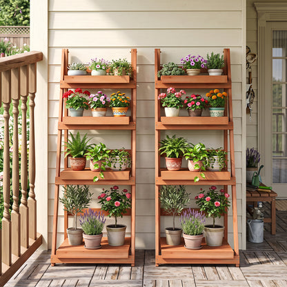 4-Tier Foldable Plant Stand with Slatted Shelves for Garden-Brown