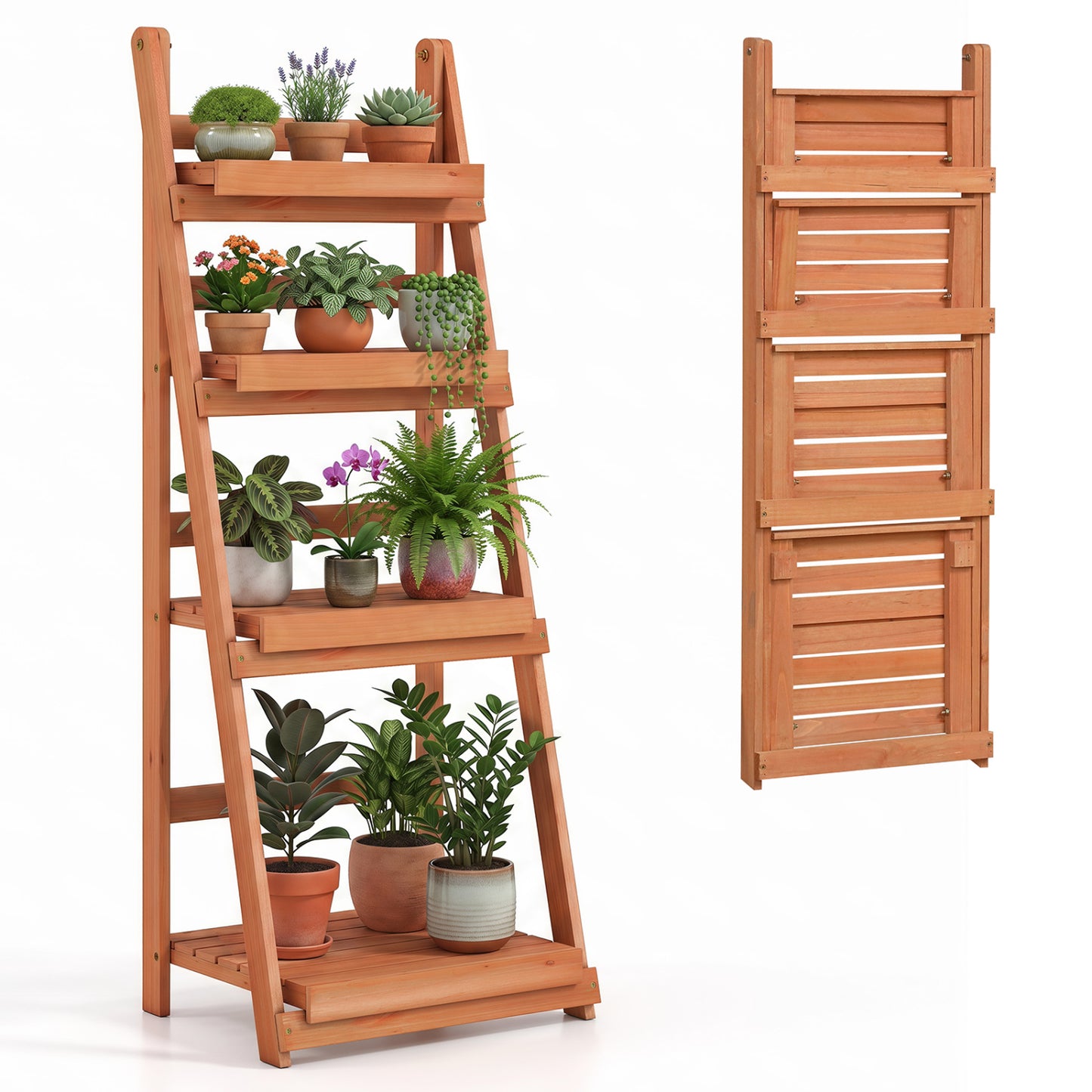 4-Tier Foldable Plant Stand with Slatted Shelves for Garden-Brown