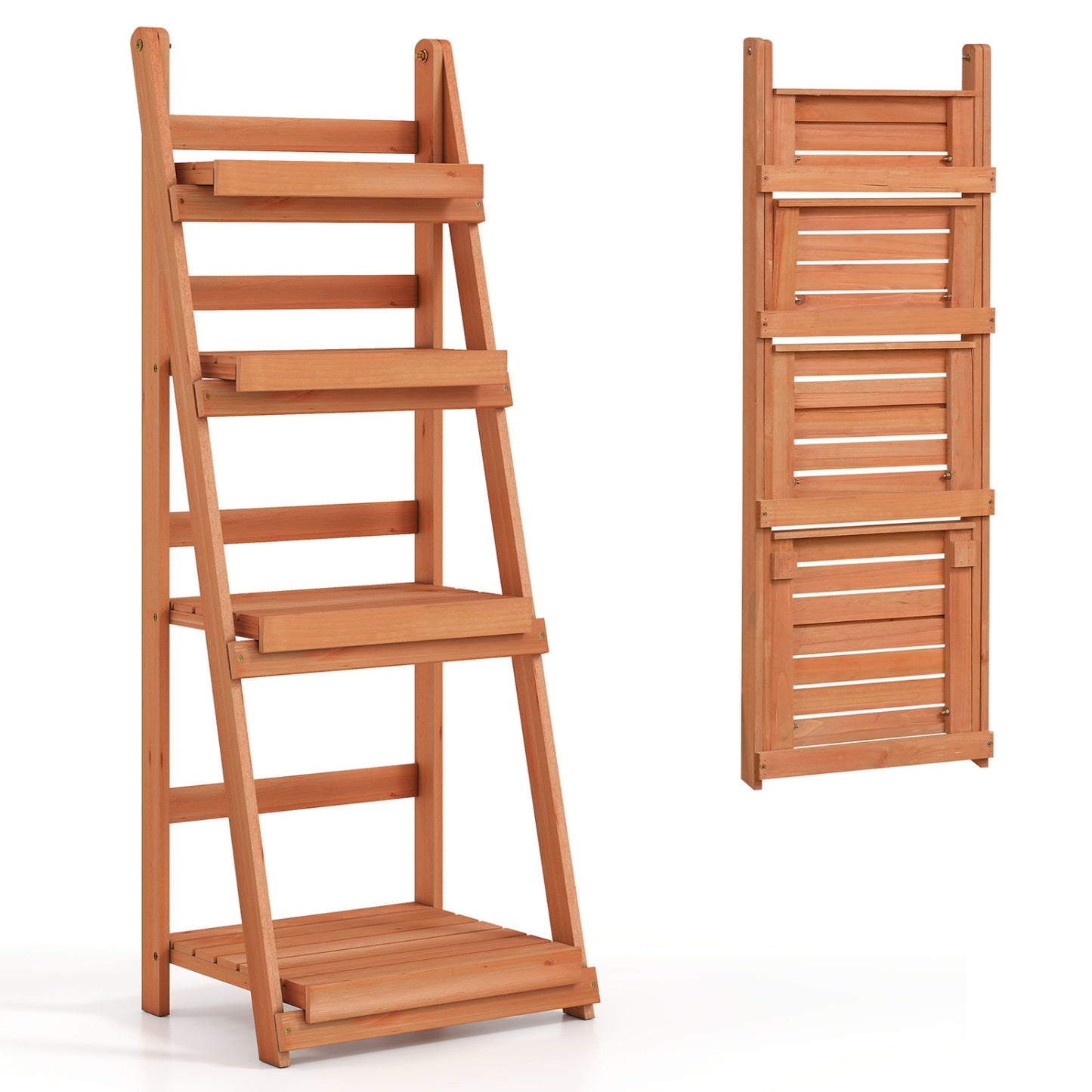 4-Tier Foldable Plant Stand with Slatted Shelves for Garden-Brown