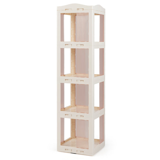 4-Tier Foldable Rotating Bookshelf with Swivel Base and Translucent Panels-White