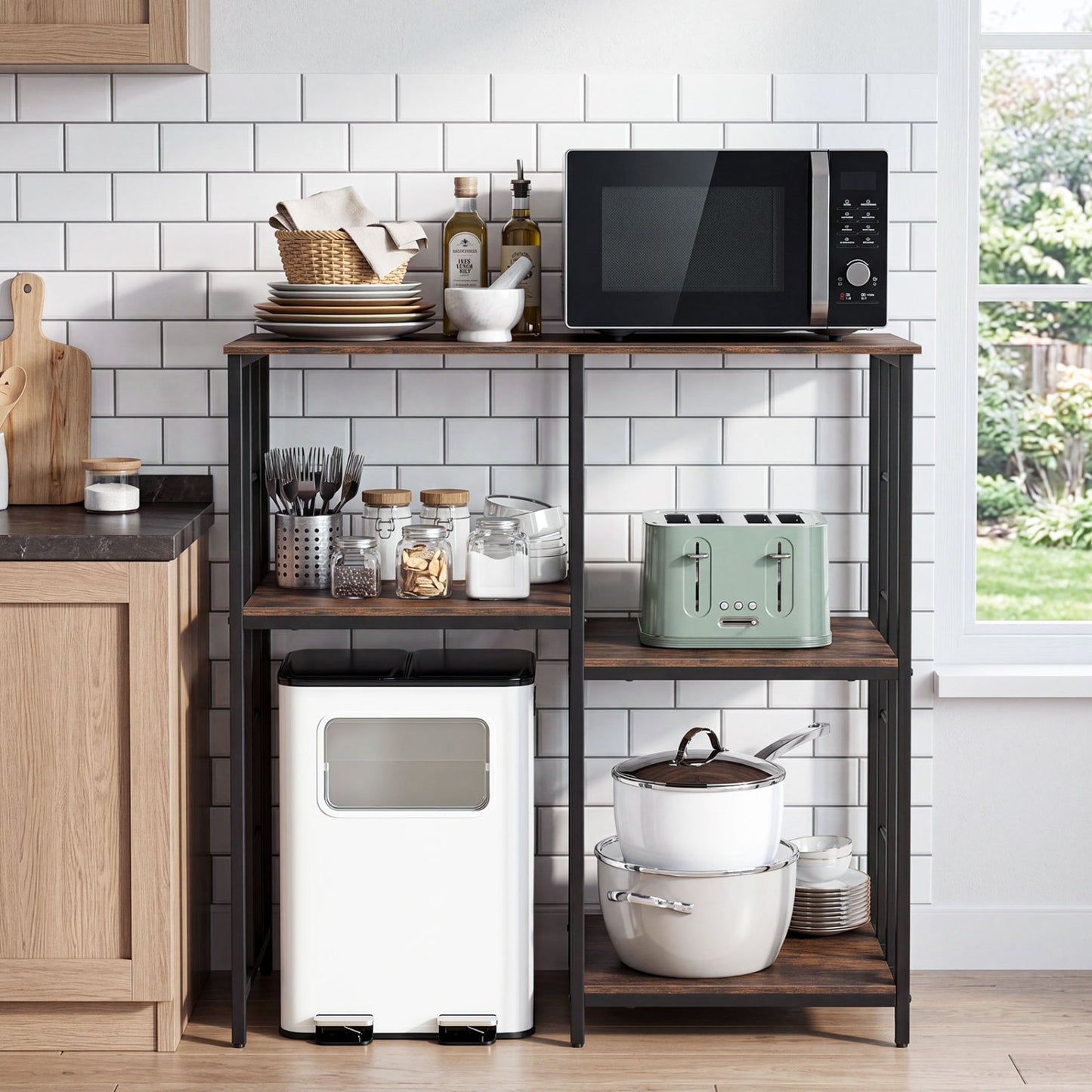 Heavy-duty 4-tier brown baker's rack from Wilsons Home Store, ideal for kitchen organization and storage.