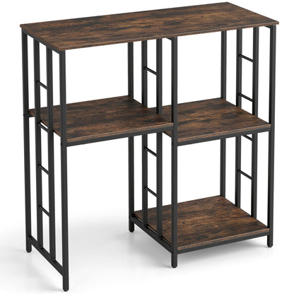 Heavy-duty 4-tier brown kitchen baker's rack with sturdy metal shelves for organization and storage in a kitchen setting.