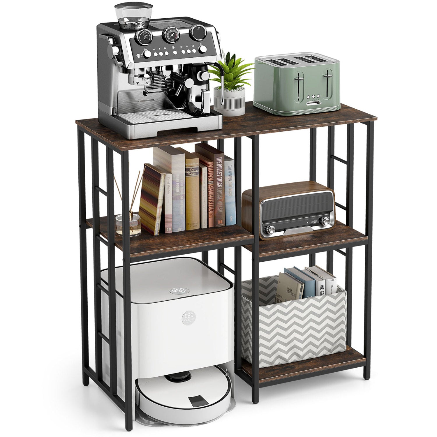 Heavy-duty 4-tier brown kitchen baker's rack with sturdy metal frame, perfect for kitchen organization and storage.