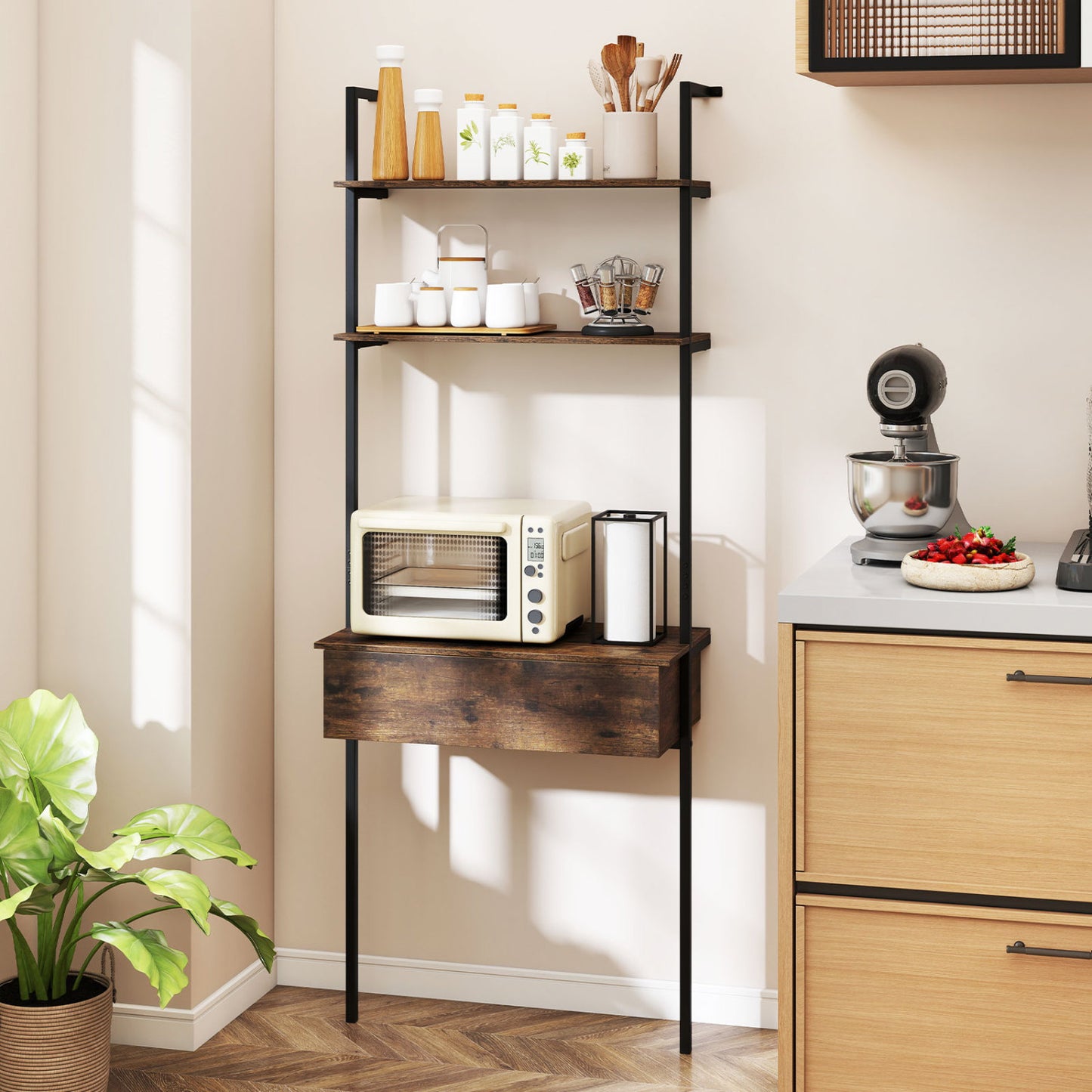 4-Tier Ladder Bookshelf with Drawer and Metal Frame for Living Room-Natural