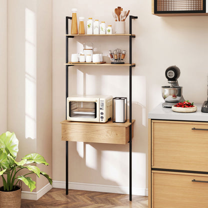 4-Tier Ladder Bookshelf with Drawer and Metal Frame for Living Room-Natural