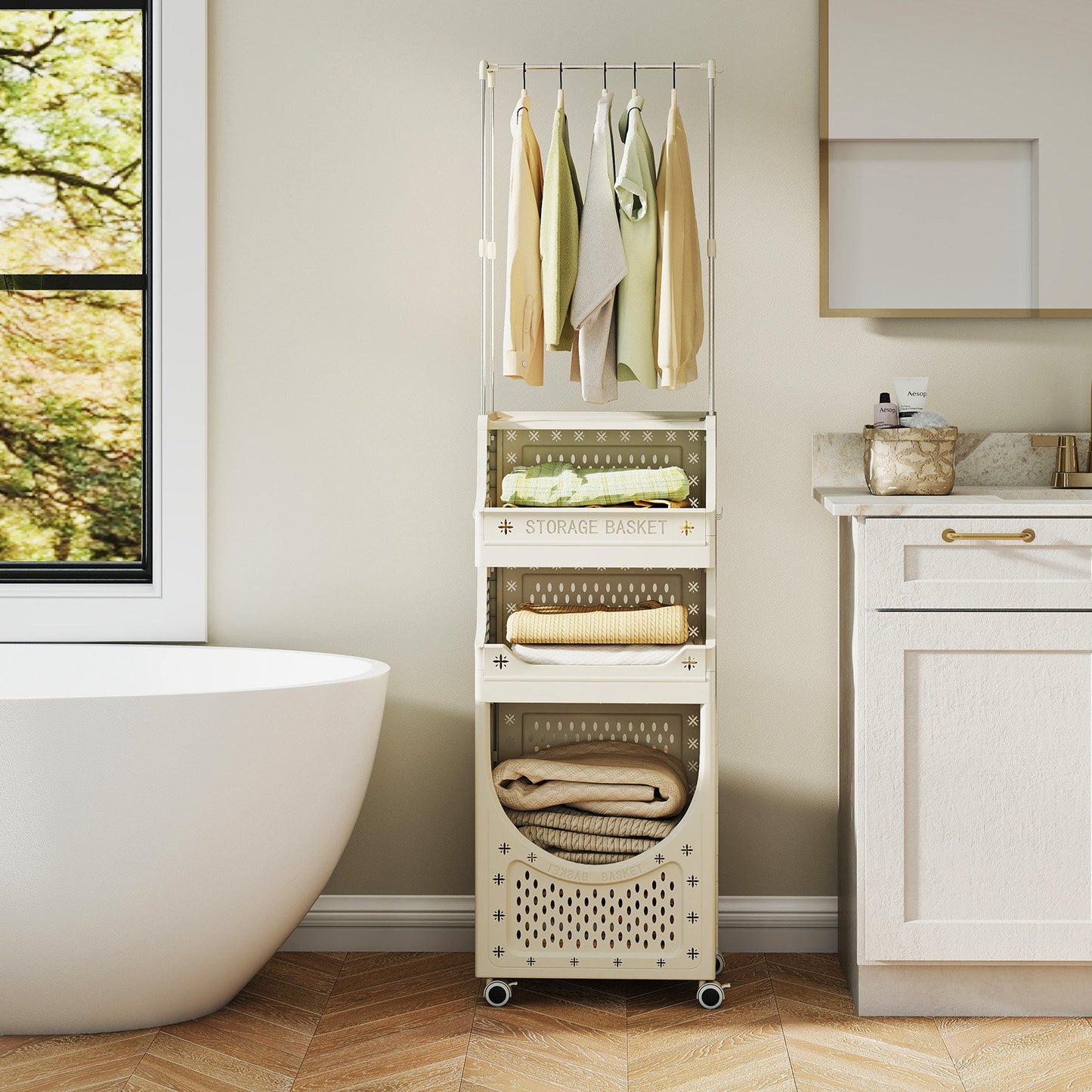 4-Tier Laundry Cart Folding Hamper with Hanging Bar and 8 Hanging Hooks