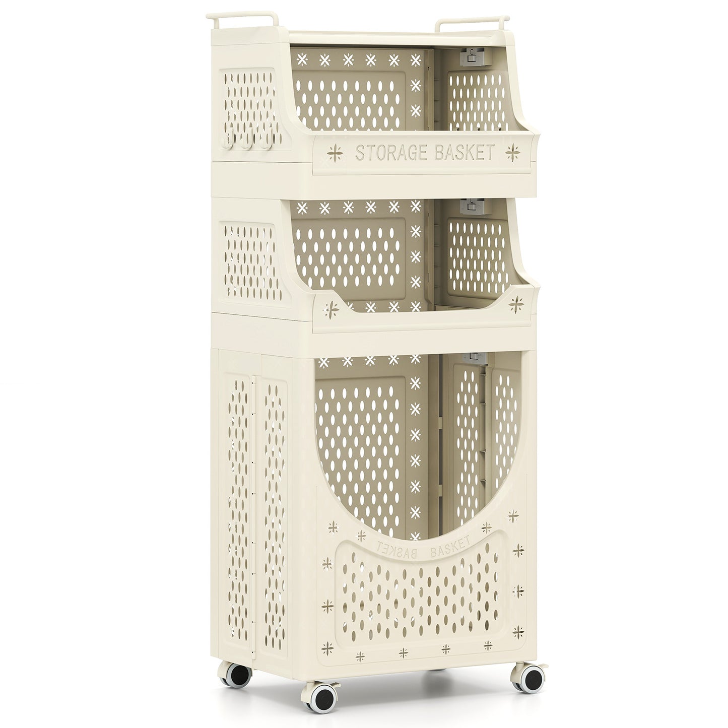 3-Tier Laundry Cart Folding Hamper with Lockable Wheels