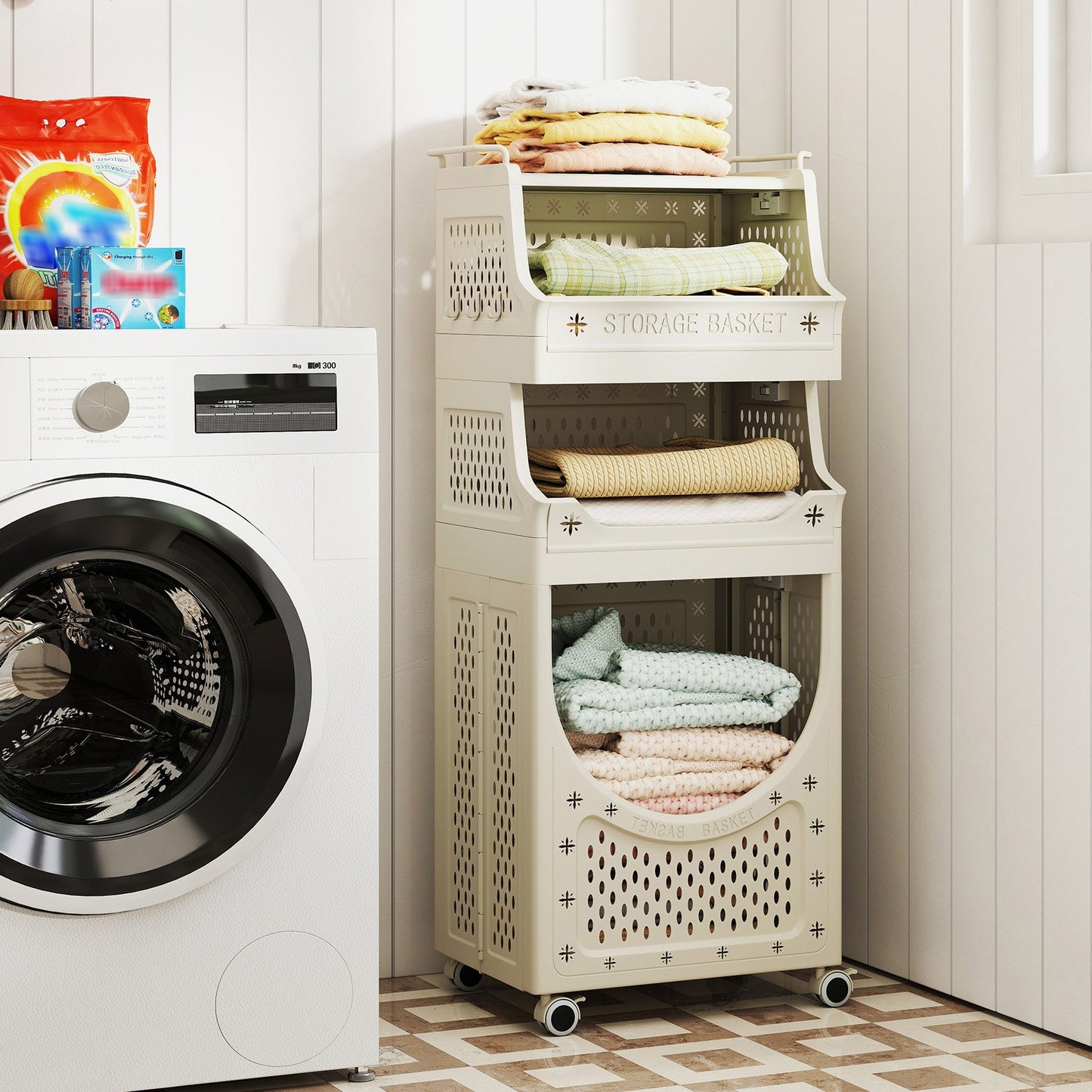 3-Tier Laundry Cart Folding Hamper with Lockable Wheels