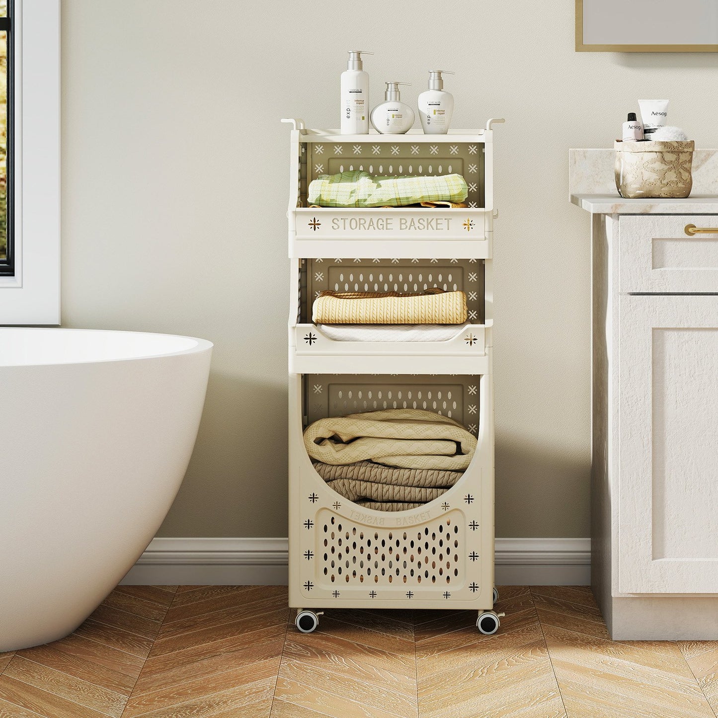 3-Tier Laundry Cart Folding Hamper with Lockable Wheels