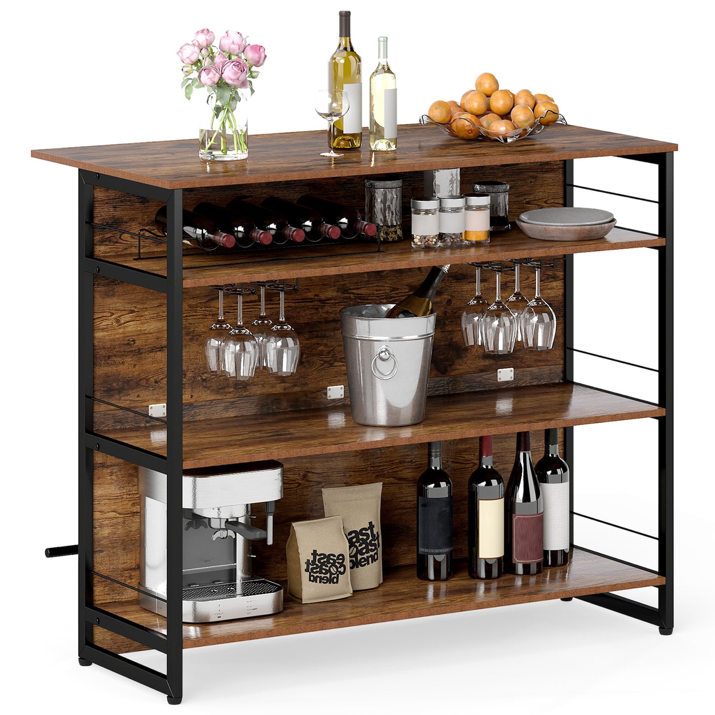 4-Tier Mini Bar Kitchen Island with Footrest and Wine Rack-Coffee