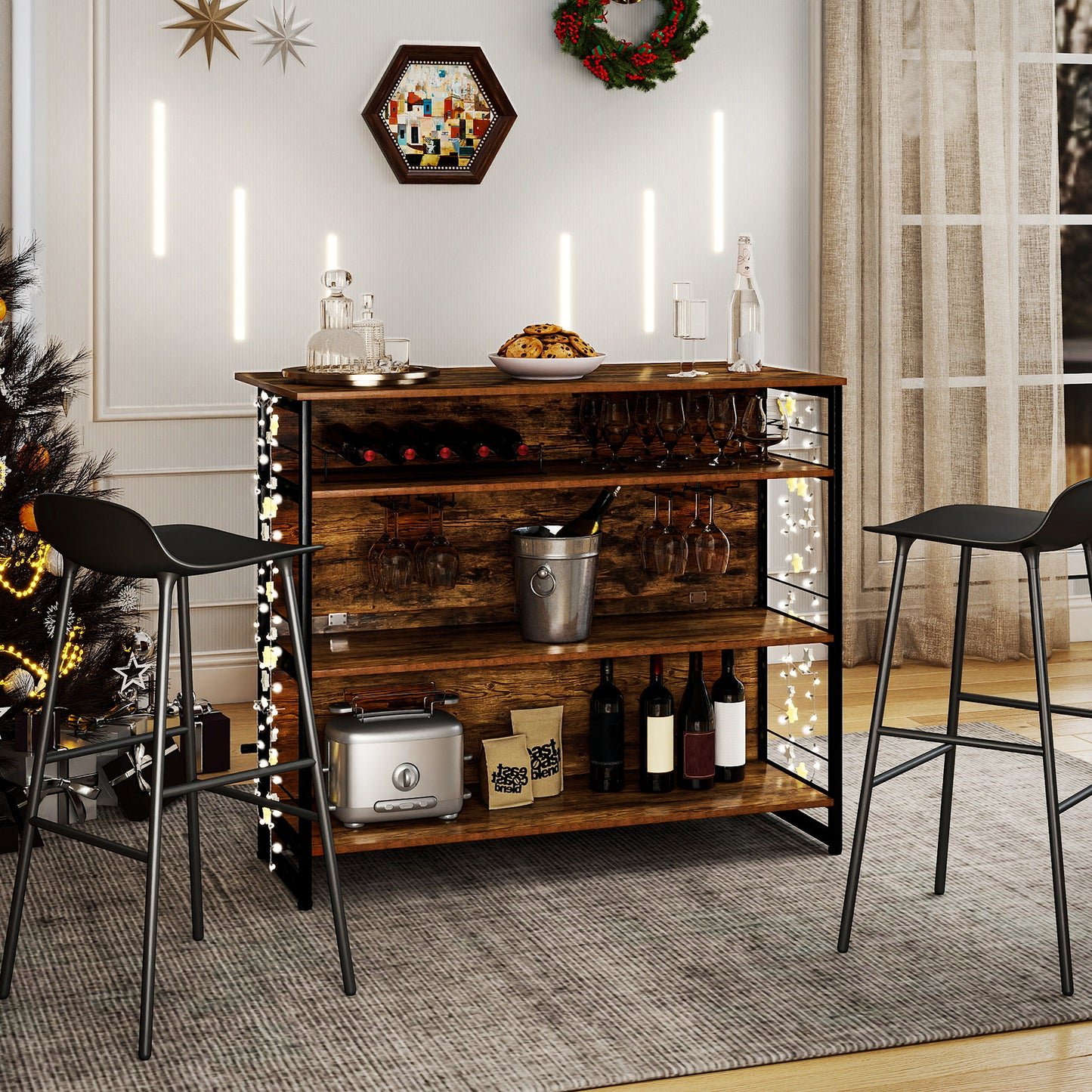 4-Tier Mini Bar Kitchen Island with Footrest and Wine Rack-Coffee