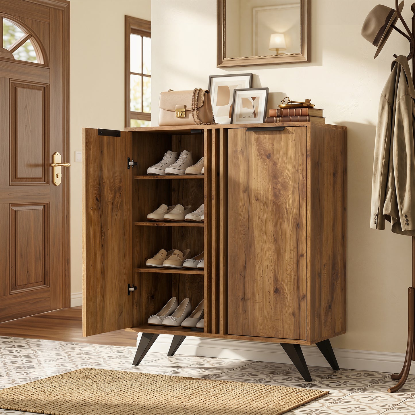 Modern 4-tier freestanding shoe cabinet with two doors in natural finish, stylish entryway storage by Wilsons Home Store.
