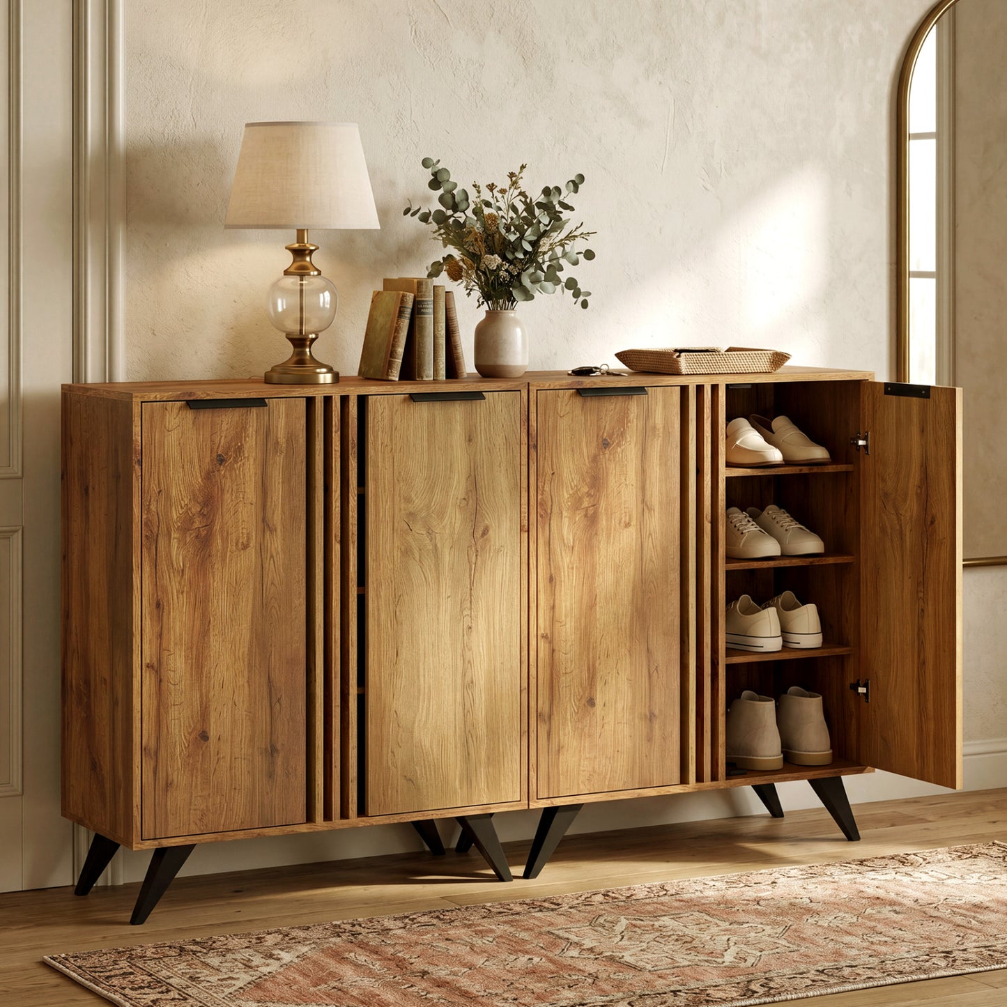 Modern 4-tier freestanding shoe cabinet with two doors in natural finish, stylish entryway furniture for shoe storage.