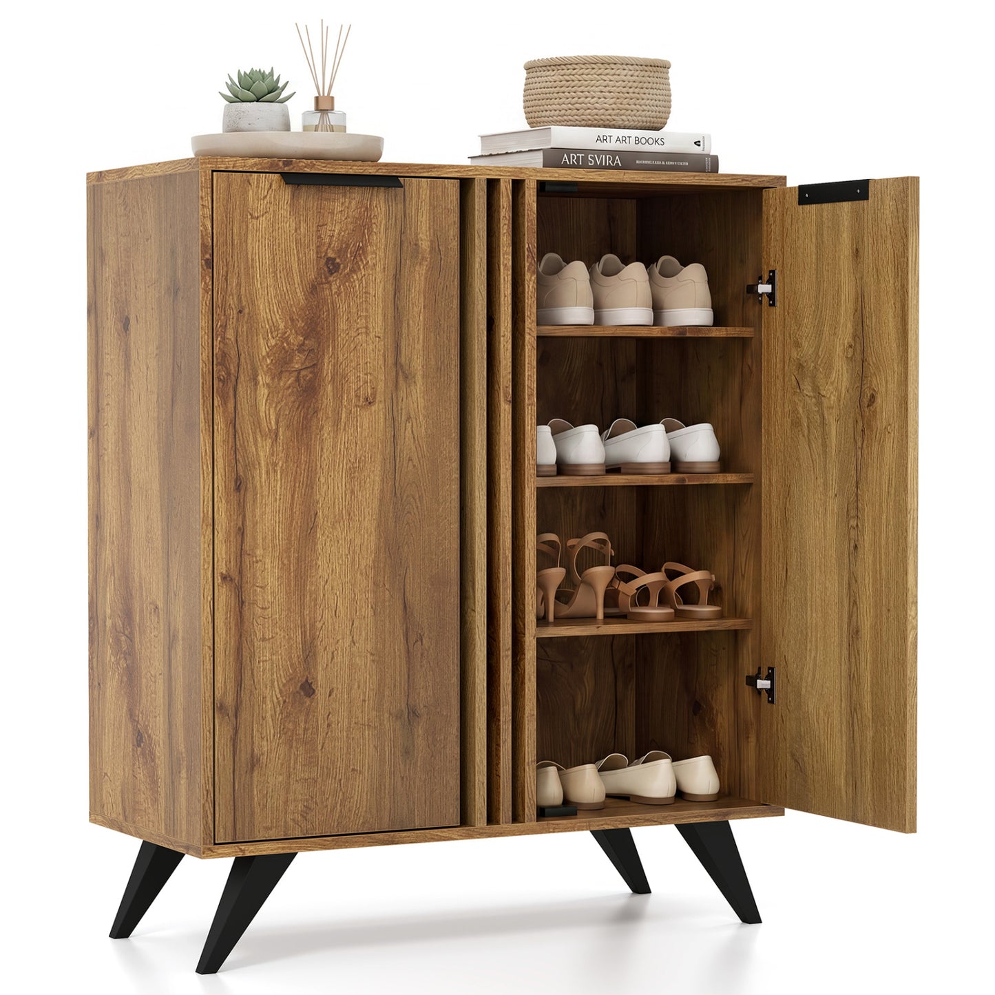 Modern 4-tier freestanding shoe cabinet with two doors in natural wood finish, providing stylish shoe storage for entryway.