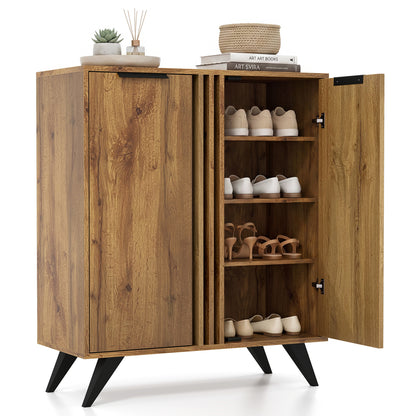 Modern 4-tier freestanding shoe cabinet with two doors in natural wood finish, providing stylish shoe storage for entryway.
