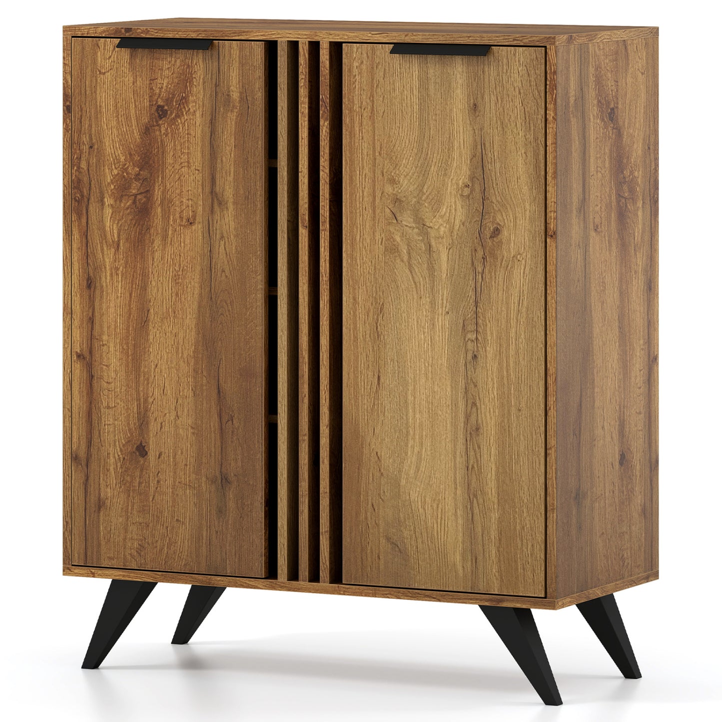 Modern 4-tier freestanding shoe cabinet with two doors in natural wood finish, ideal for entryway shoe storage.