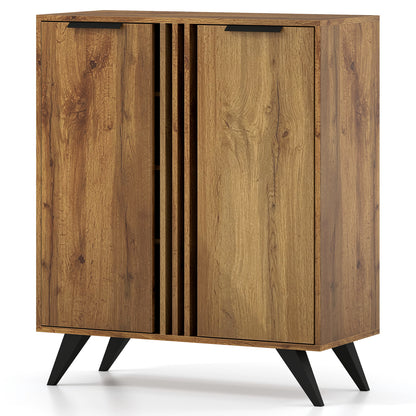 Modern 4-tier freestanding shoe cabinet with two doors in natural wood finish, ideal for entryway shoe storage.