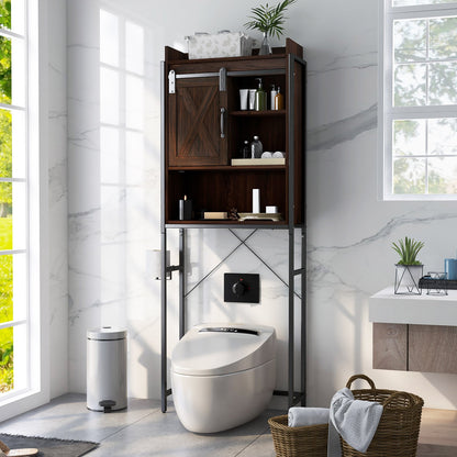 4-Tier Multifunctional Toilet Sorage Cabinet with Adjustable Shelf and Sliding Barn Door-Brown