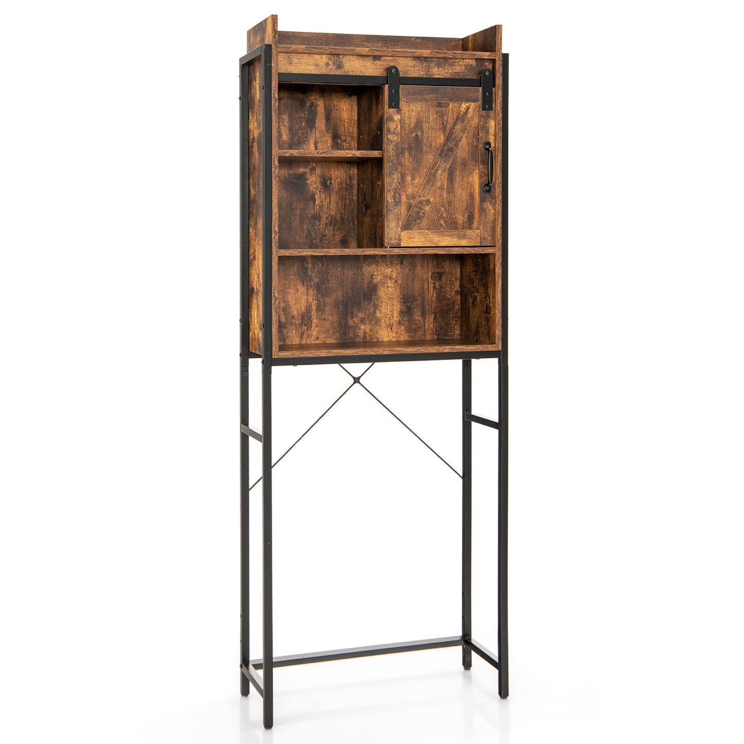 4-Tier Multifunctional Toilet Sorage Cabinet with Adjustable Shelf and Sliding Barn Door-Brown