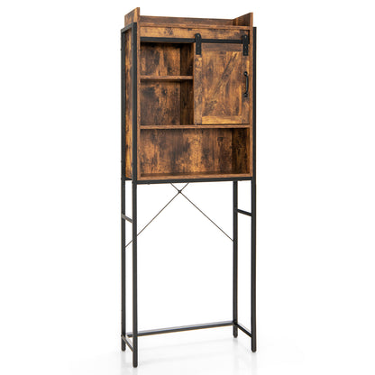 4-Tier Multifunctional Toilet Sorage Cabinet with Adjustable Shelf and Sliding Barn Door-Brown