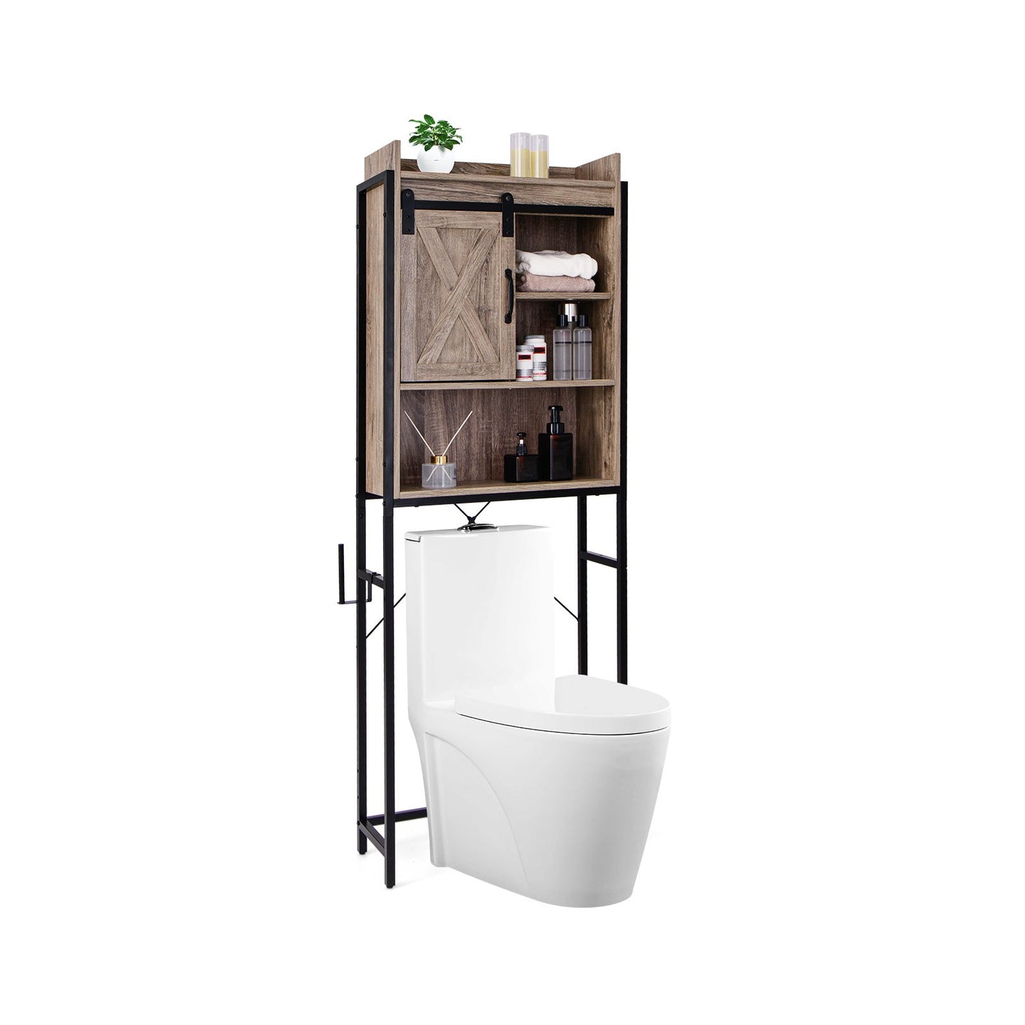 4-Tier Multifunctional Toilet Sorage Cabinet with Adjustable Shelf and Sliding Barn Door-Brown