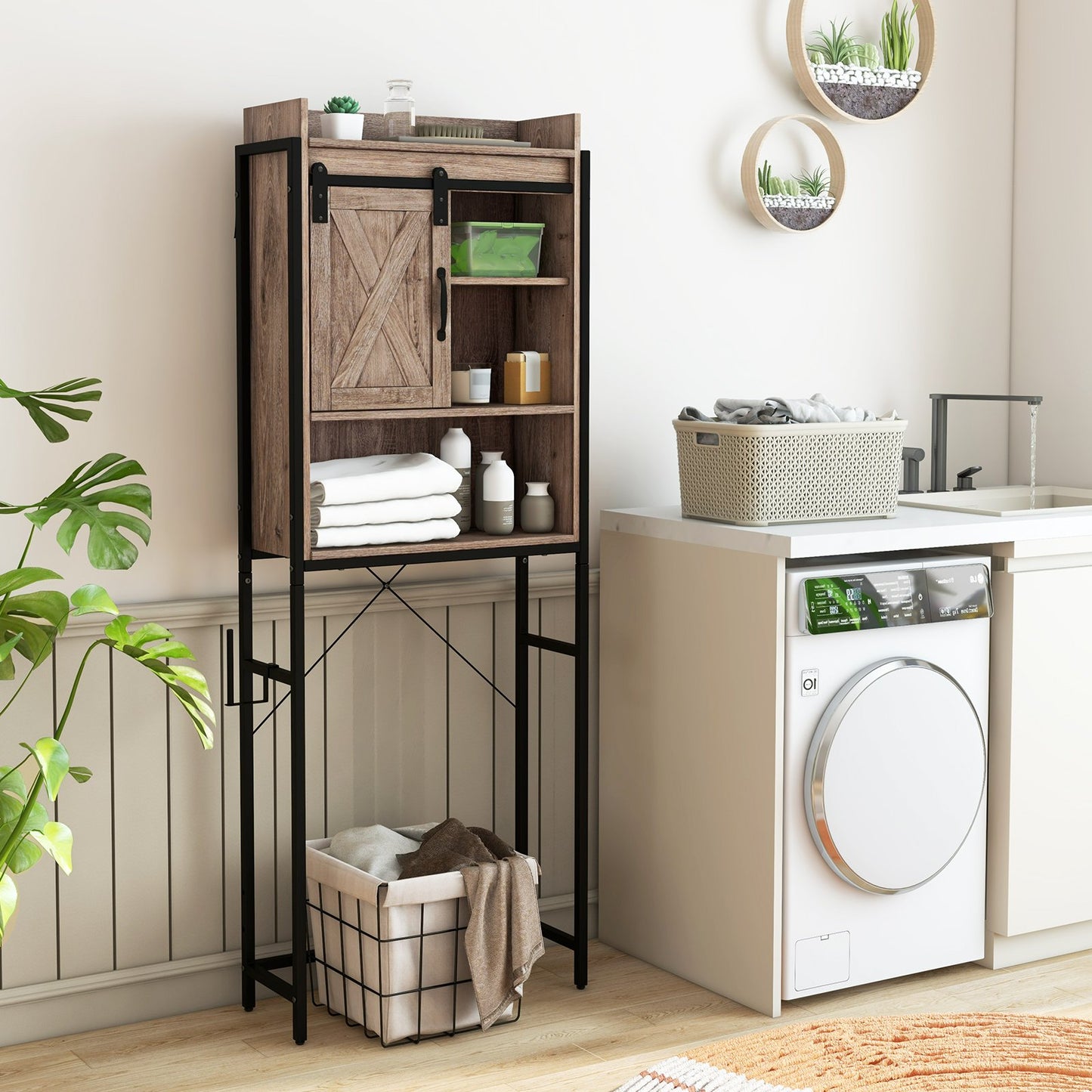 4-Tier Multifunctional Toilet Sorage Cabinet with Adjustable Shelf and Sliding Barn Door-Brown
