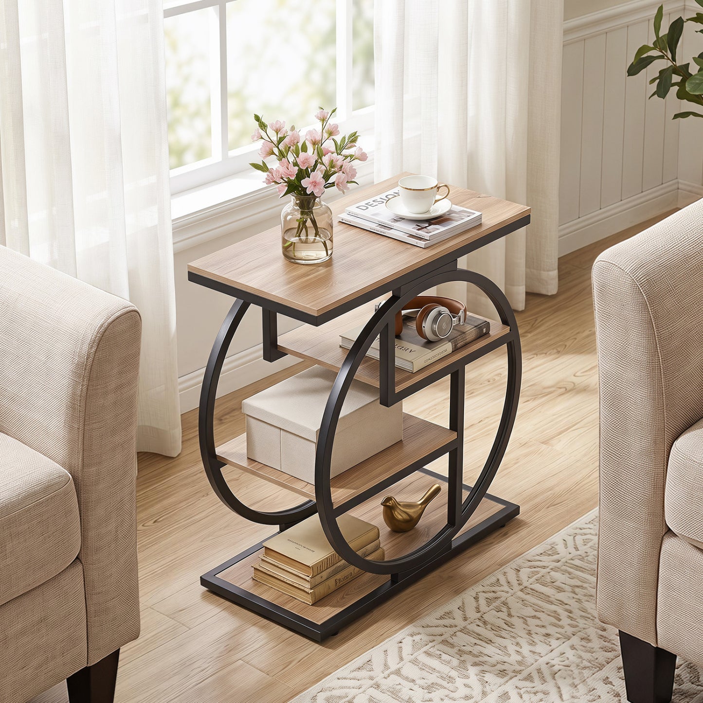 4-Tier Narrow End Table for Living Room with Storage Shelves-Gray