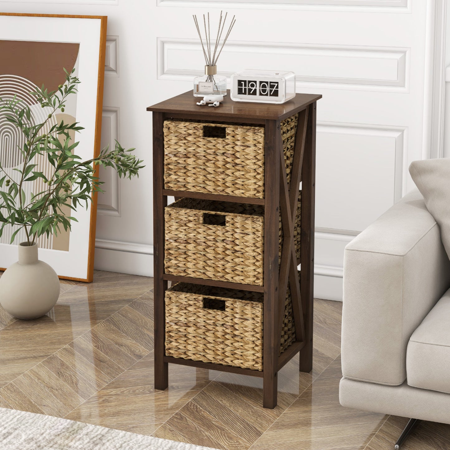 4-Tier Nightstand with 3 Seagrass Baskets Narrow X-Design-4 Tier-Rustic Brown