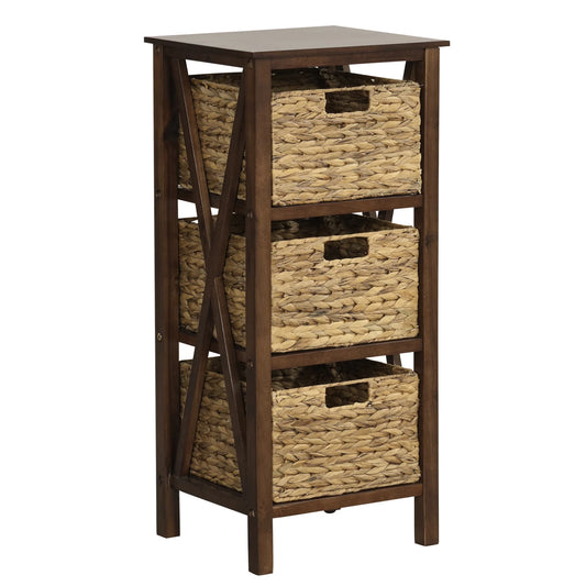 4-Tier Nightstand with 3 Seagrass Baskets Narrow X-Design-4 Tier-Rustic Brown