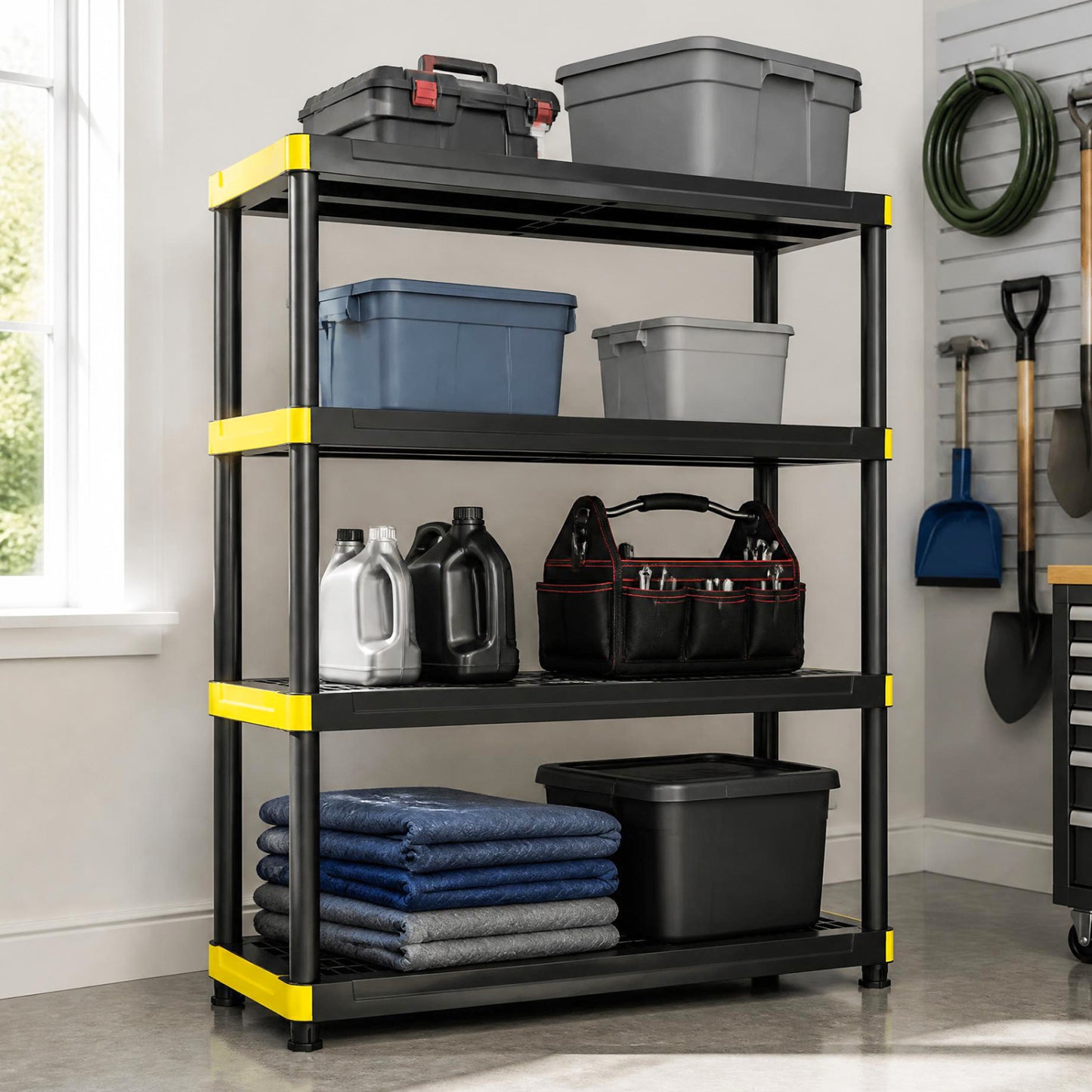 4-Tier Plastic Storage Shelf Heavy-Duty Utility Rack Freestanding Storage Rack-Black