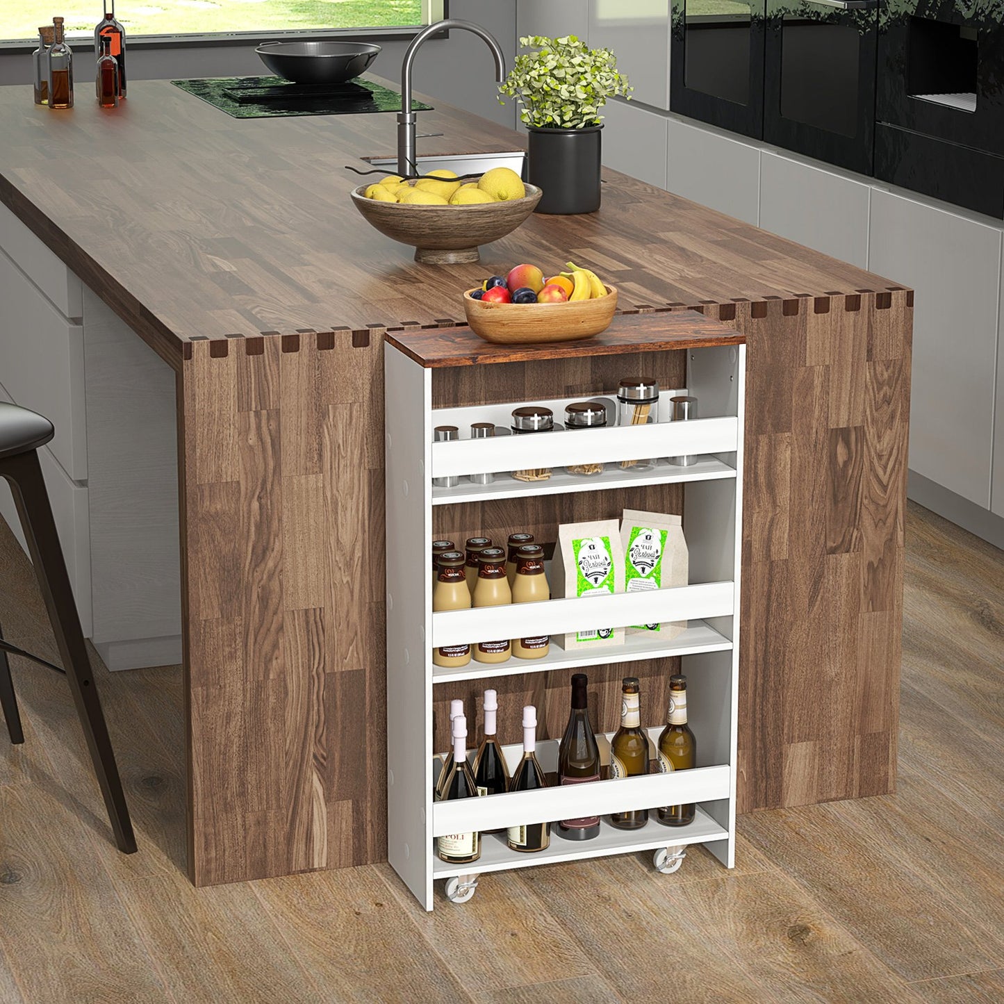 4-Tier Rolling Storage Cart Slim Kitchen Cart on Wheels with Open Shelves and Handle-Black