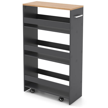 4-Tier Rolling Storage Cart Slim Kitchen Cart on Wheels with Open Shelves and Handle-Black