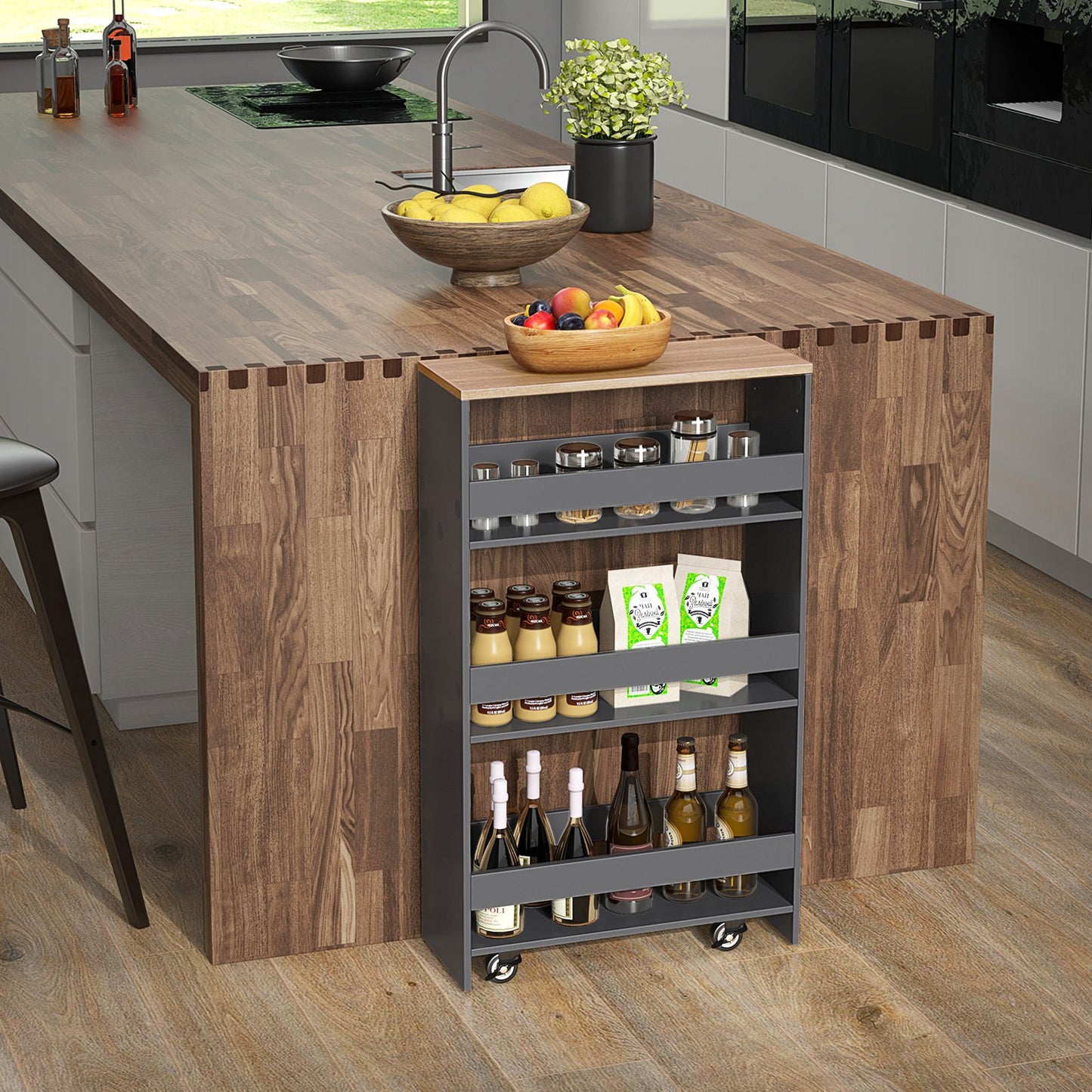 4-Tier Rolling Storage Cart Slim Kitchen Cart on Wheels with Open Shelves and Handle-Black