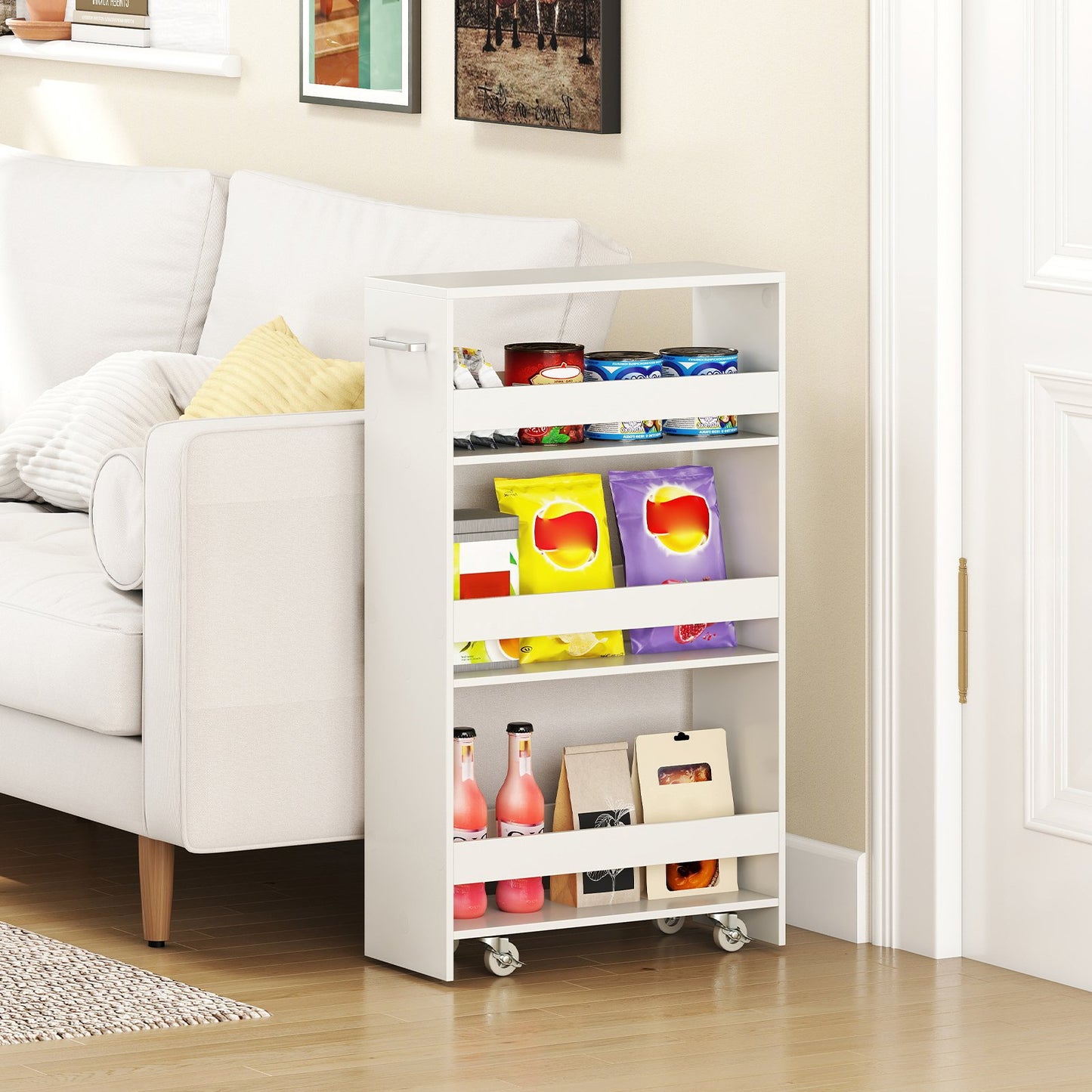 4-Tier Rolling Storage Cart Slim Kitchen Cart on Wheels with Open Shelves and Handle-Black