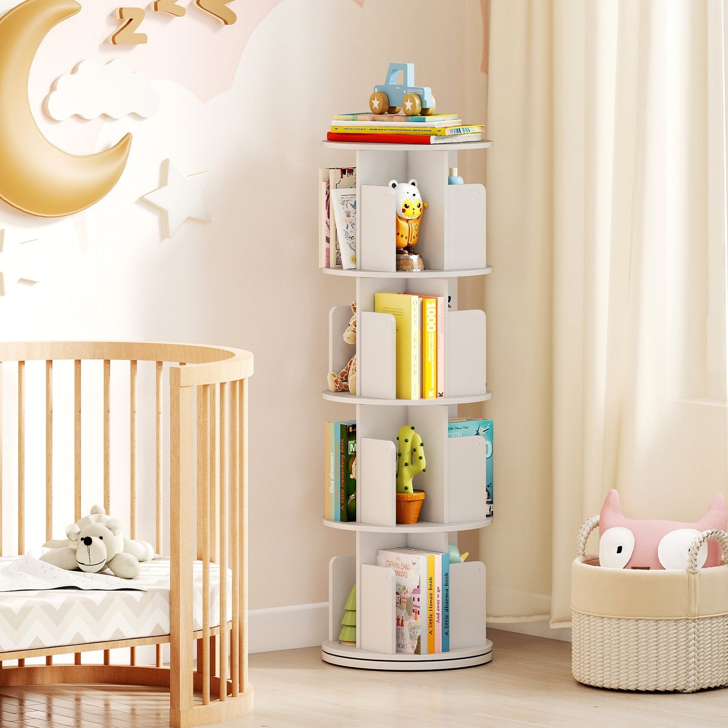 4-Tier Rotating Bookshelf 360° Display Rack with Dividers and Anti-falling Baffles-Natural