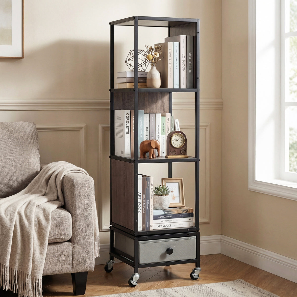 Gray 4-tier rotating bookshelf on wheels with a removable drawer, ideal for home office or living room storage.