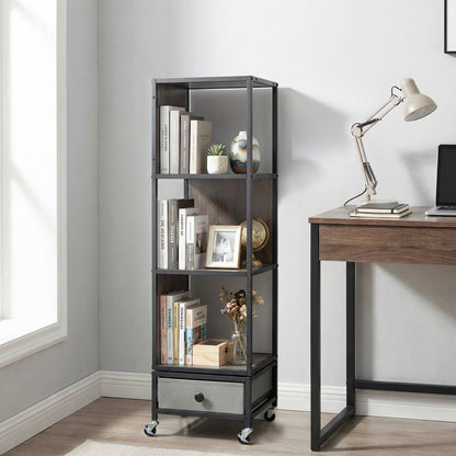 Gray 4-tier rotating bookshelf on wheels with removable drawer, ideal for home office storage by Wilsons Home Store.