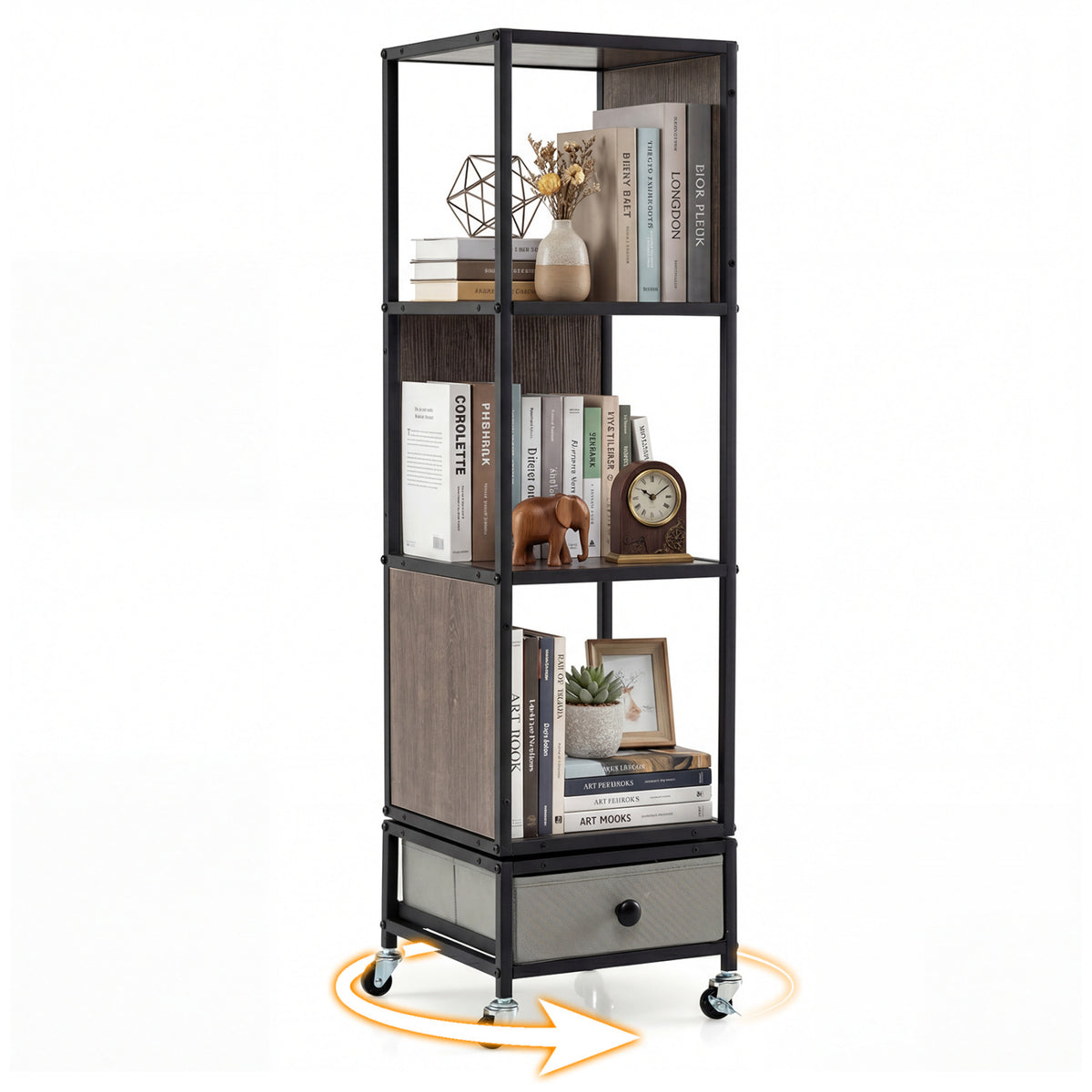 Gray 4-tier rotating bookshelf on wheels with removable drawer, made by Direct by Wilsons Home Store, suitable for home office storage