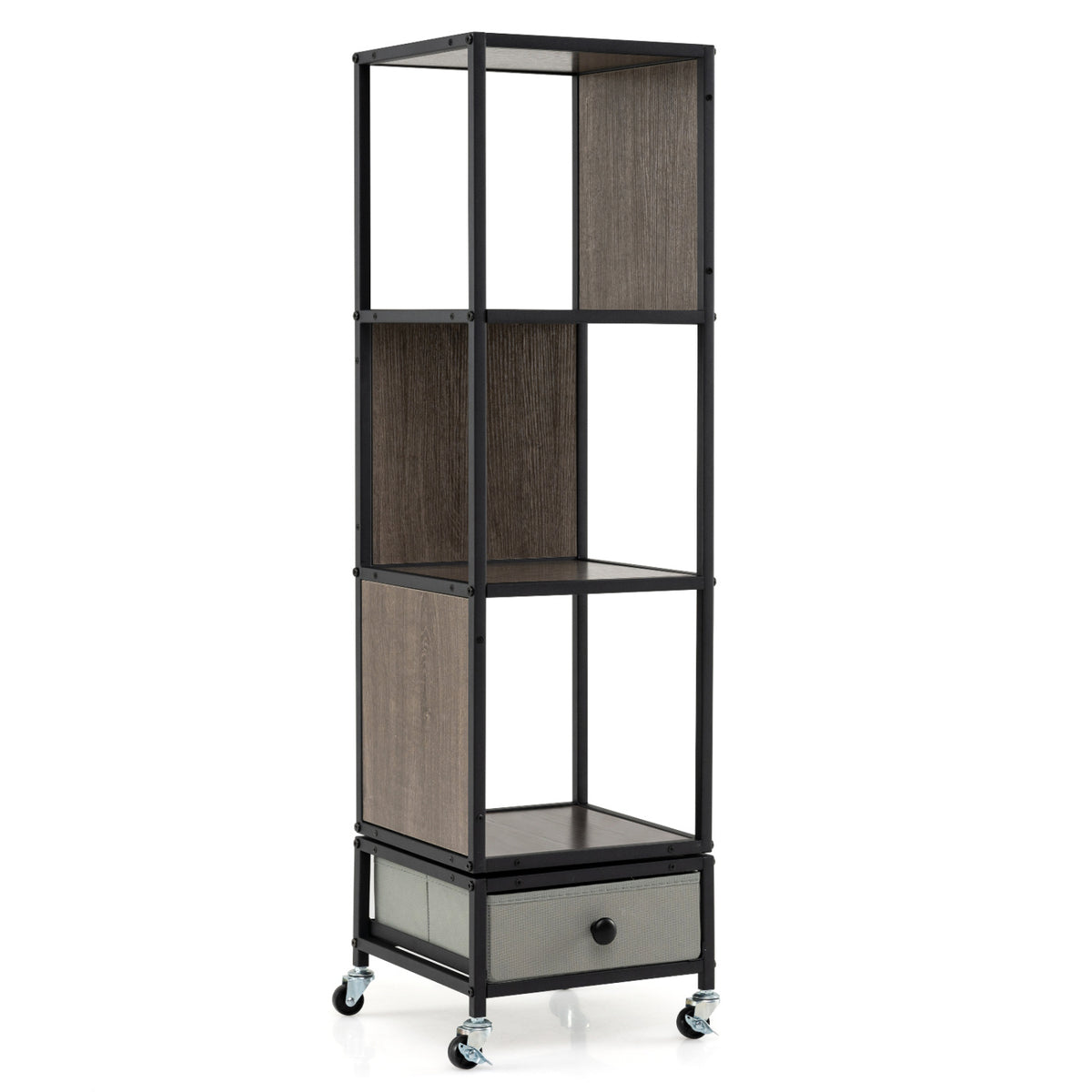 Gray 4-tier rotating bookshelf on wheels with removable drawer from Wilsons Home Store, ideal for home office organization.